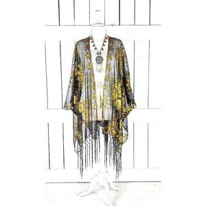 Gold black floral sequin sheer kimono cover up jacket